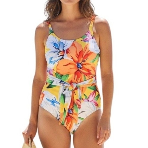 Palms Away Other - Palms Away Floral One Piece Swimsuit Womens XS Yellow Tropical Tie Front NEW